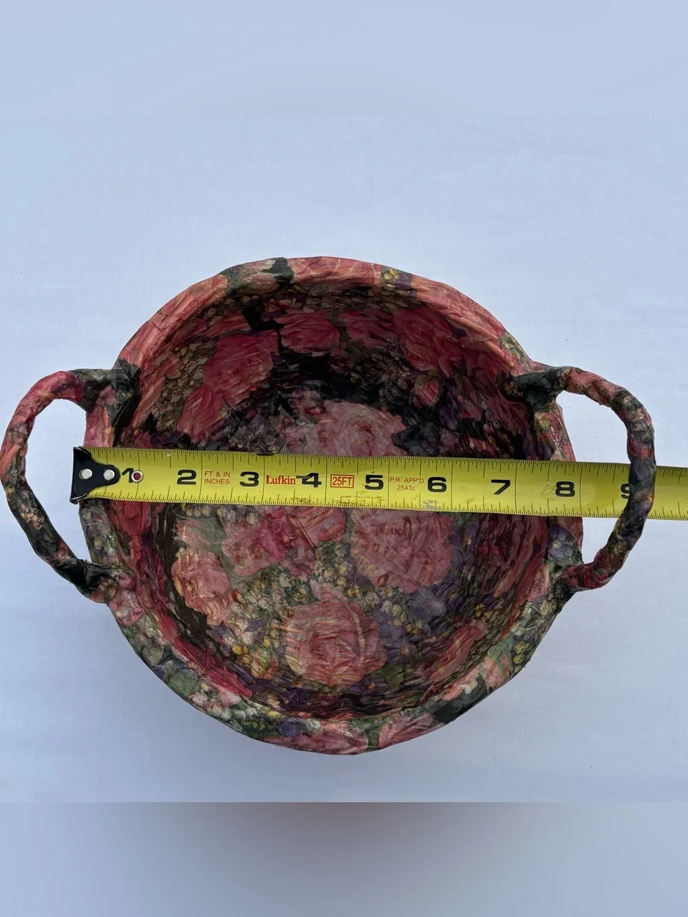 Vtg Handmade Decoupage Woven Basket Floral Catchall Bowl Pink Cottagecore Shabby